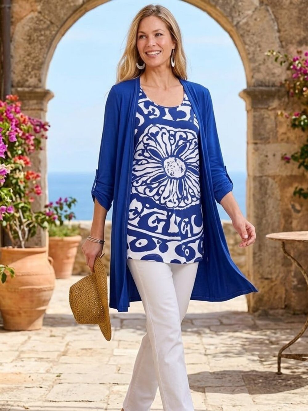 Soft Surroundings Mykonos Metallic Duster Cardigan & Tank Set Royal Blue L/XL